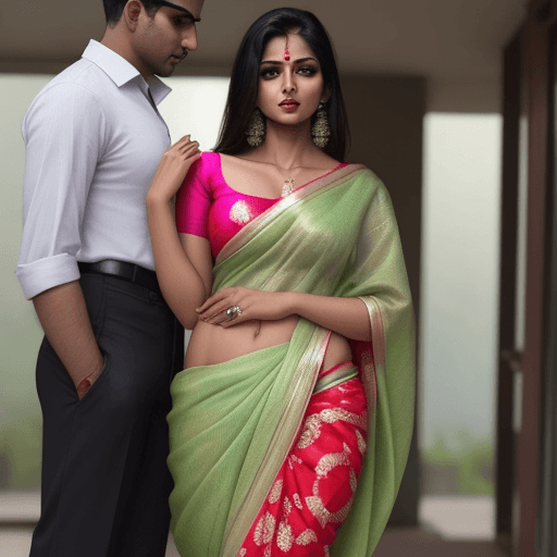 AI generated: hot woman in saree gazing with lust on her husbands pant zip