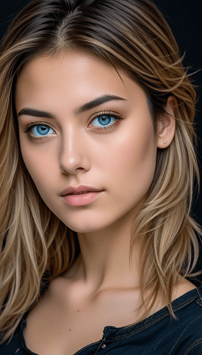AI generated: A portrait of a young woman with light skin and loose, wavy blonde hair with brown roots. She has br...