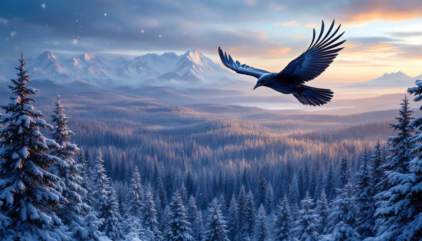 AI generated: A curved black crow soaring across the sky, overlooking the forest floor above a vast, snow-covered ...