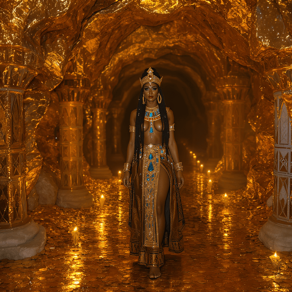 AI generated: A queen in an ancient underground castle, the castle is a cave with golden walls, the floor is made ...