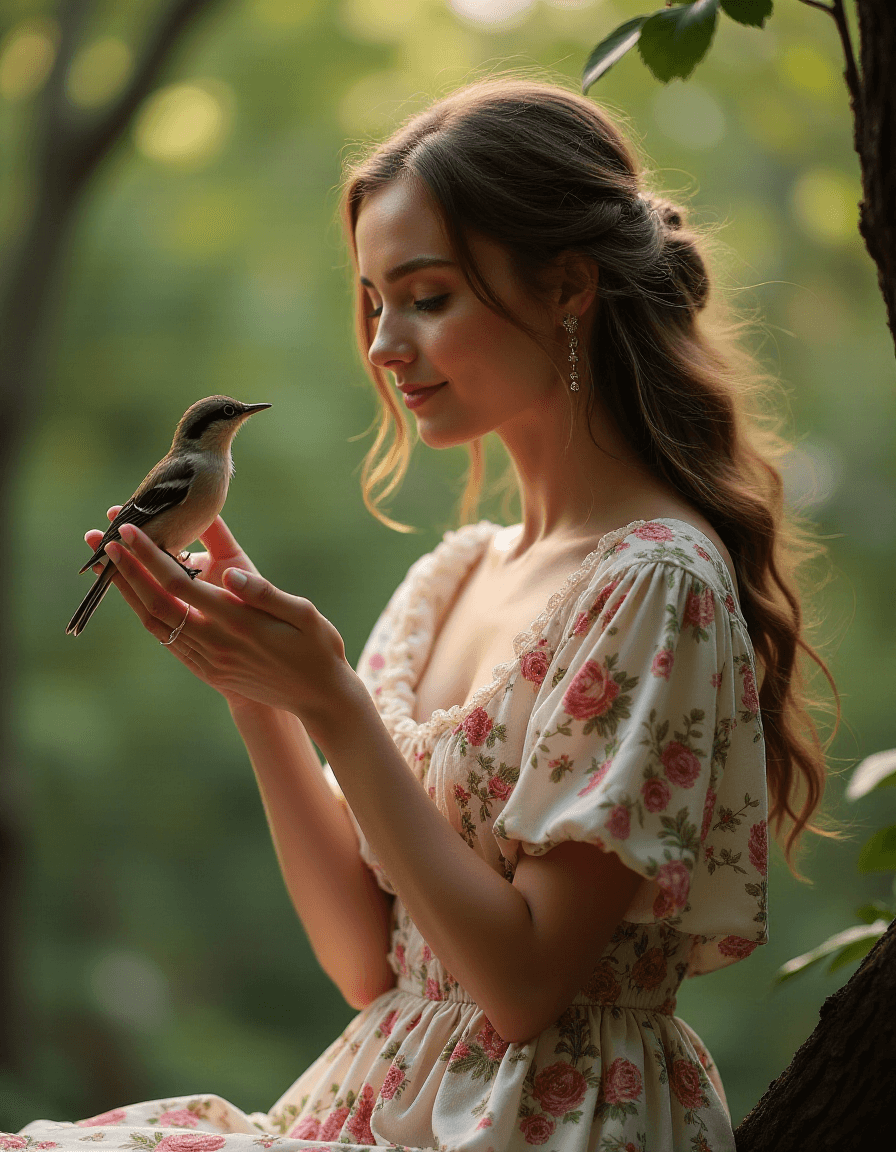 AI generated: nature photography of a european woman with a floral dress, sitting on a branch and holding a small ...