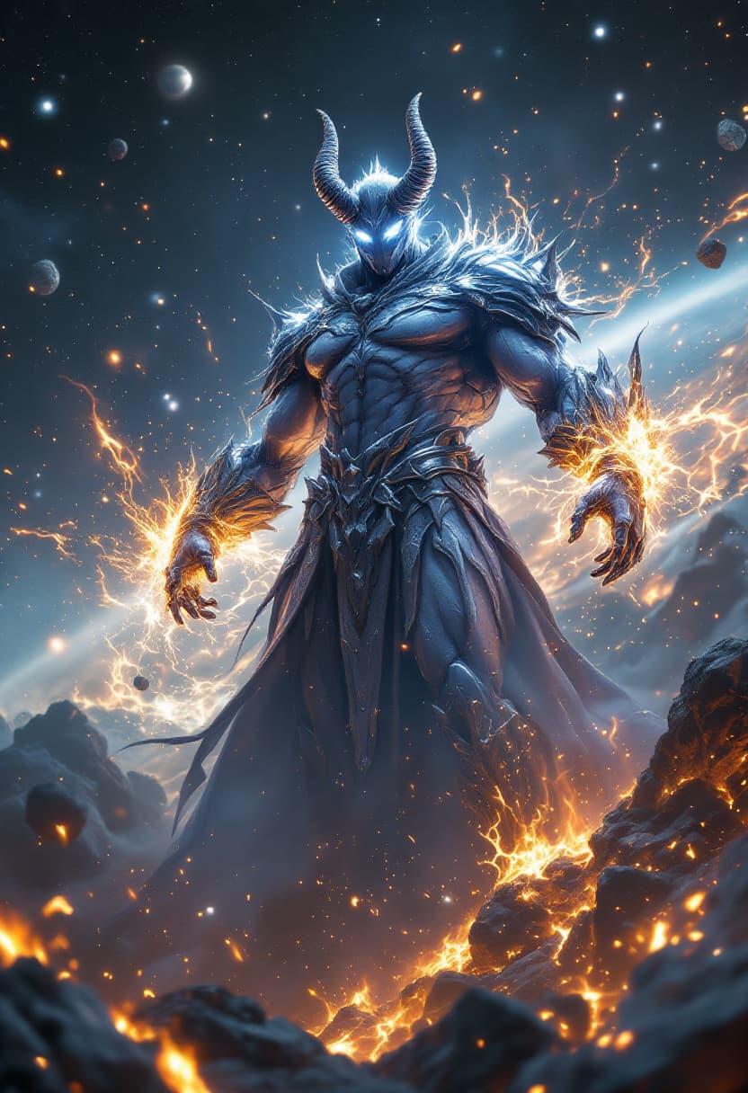 AI generated: God of Metal, full-body, Etherial, muscular, No mouth or hair, Glowing Silver eyes, epic, cinematic,...