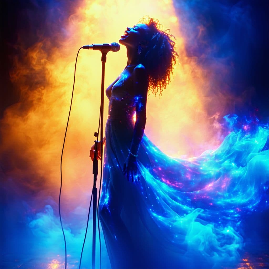 AI generated: A powerful female vocalist standing on a glowing stage, bathed in radiant golden and blue light, cin...