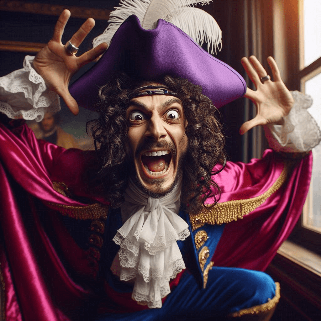 AI generated: Close-up professional cinematic photo of a Spanish pirate with black curly hair in a purple hat with...