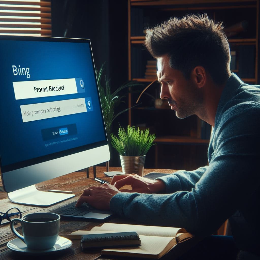 AI generated: A man sitting at his computer frustrated because his prompts are blocked on Bing Image Creator power...