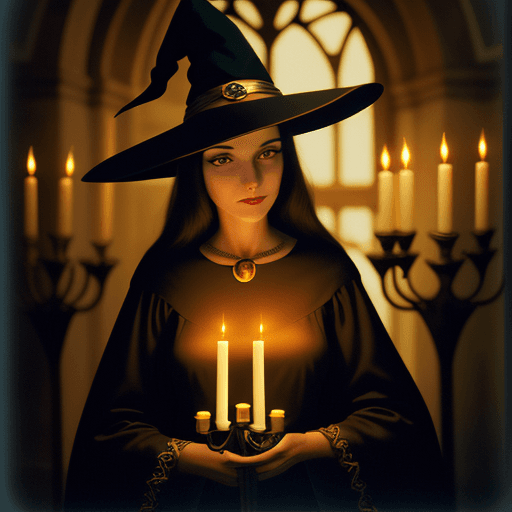 AI generated: create image of woman, stylish witch hat, woman, night time, woman holding a Candelabra with lit can...