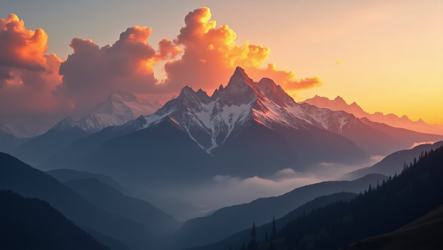 AI generated: A majestic mountain range at sunset, with warm, golden hues of oranges, yellows, and reds illuminati...