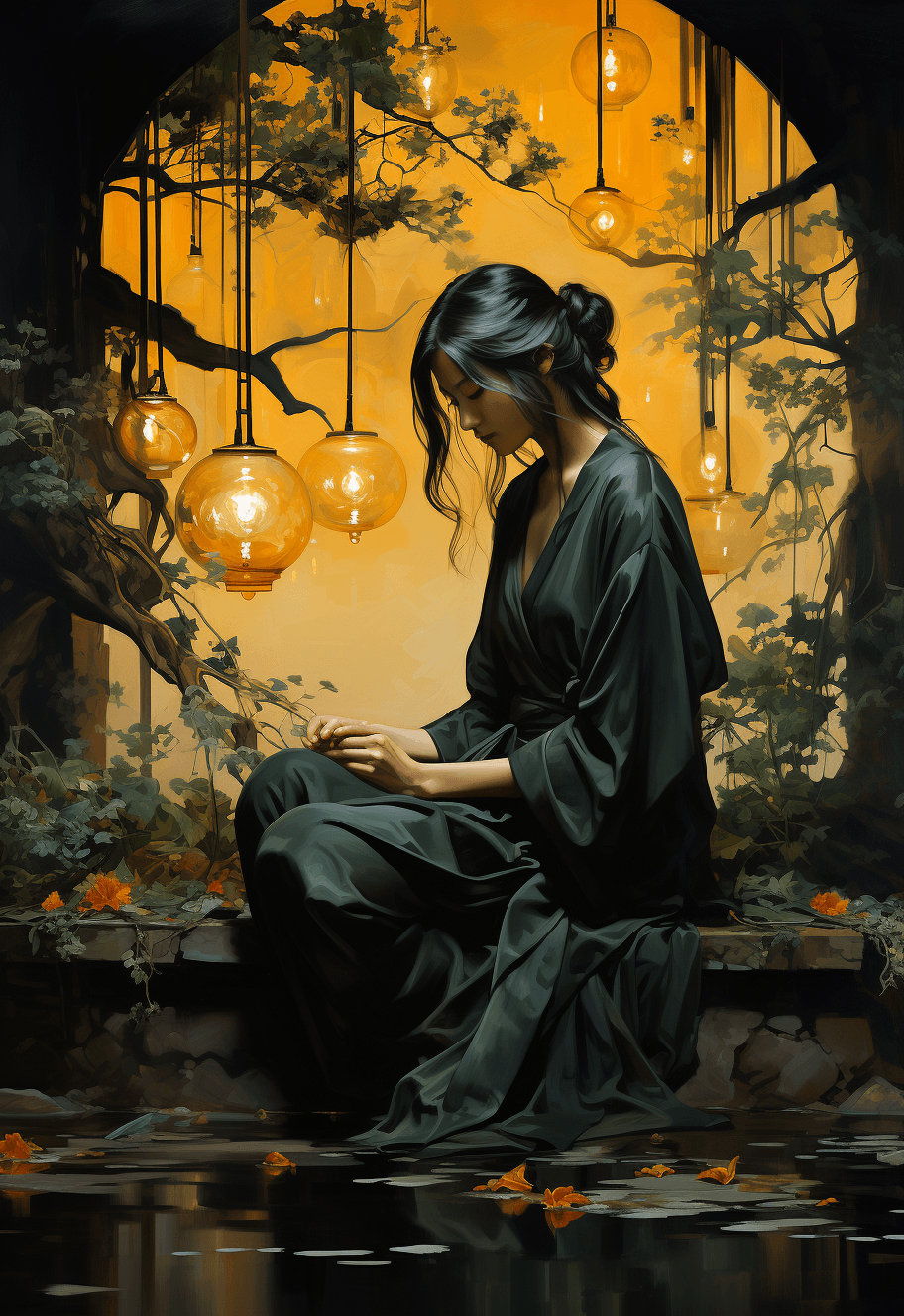 AI generated: paintings by jen ayad, in the style of uemura shoen, digital painting, dark green and amber, , paint...