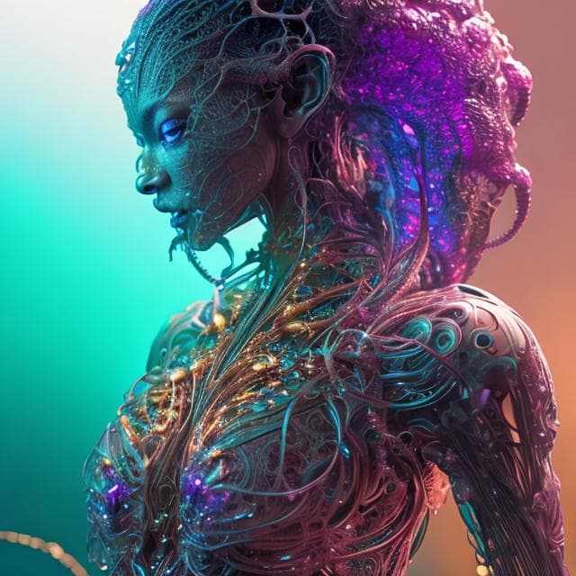 AI generated: translucent black women in biomechanical body, liquid cooling, intricate circuits, beautiful, elegan...