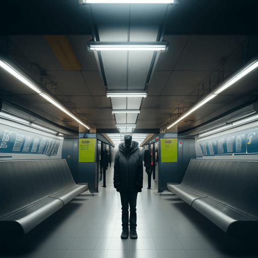 AI generated: create an image of a person standing alone in a subway station, under a single bright fluorescent li...