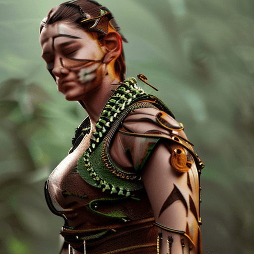 AI generated: Photo of a seductive Amazon warrior, hyper detail, intimate facial expression, handcrafted cloth wor...