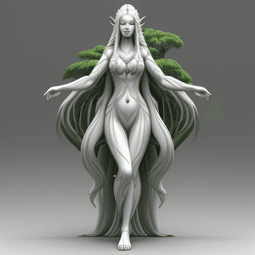 AI generated: beautiful forest deity woman :: long hair :: pale skin :: in giant ancient tree background :: by Mou...