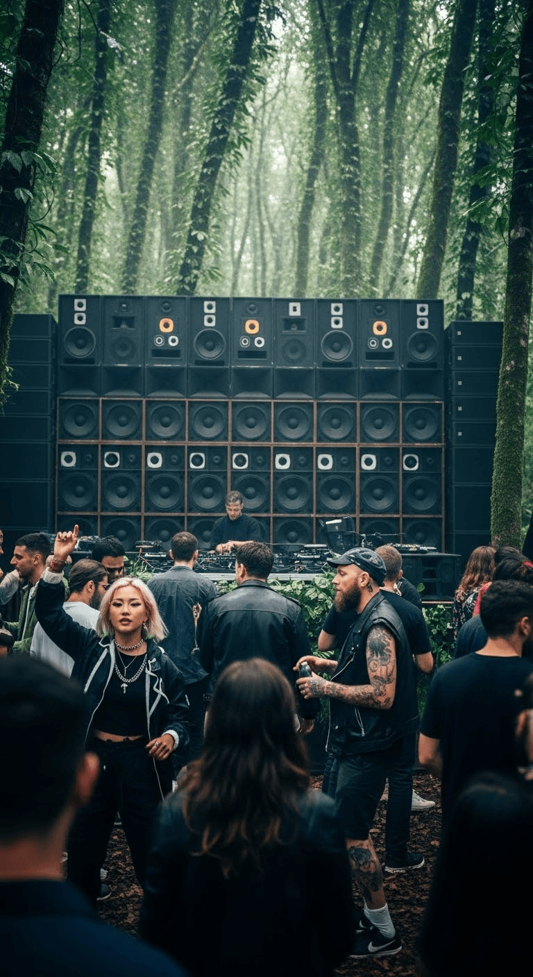 AI generated: Describe a party set deep in a forest where a massive wall of Funktion-One speakers provides immersi...
