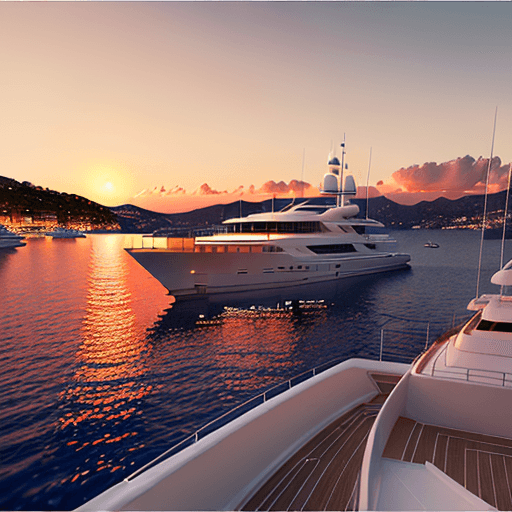 AI generated: 2 white yachts in Monaco sunset, One yacht specifically shows title: WORK HARD, another yacht specif...
