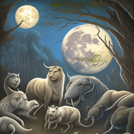 AI generated: a painting of a full moon surrounded by animals, a storybook illustration by Todd Lockwood, cgsociet...