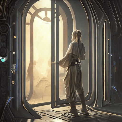 AI generated: beautiful Jedi from Star Wars in a metal corridor, metal windows looking to cosmo space, concept art...