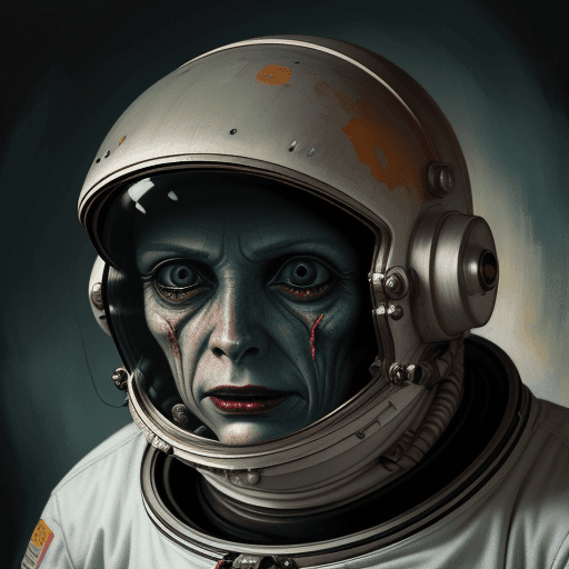 AI generated: close-up of a monster person:: wearing an astronaut's helmet. In the style of retro scifi terror mag...