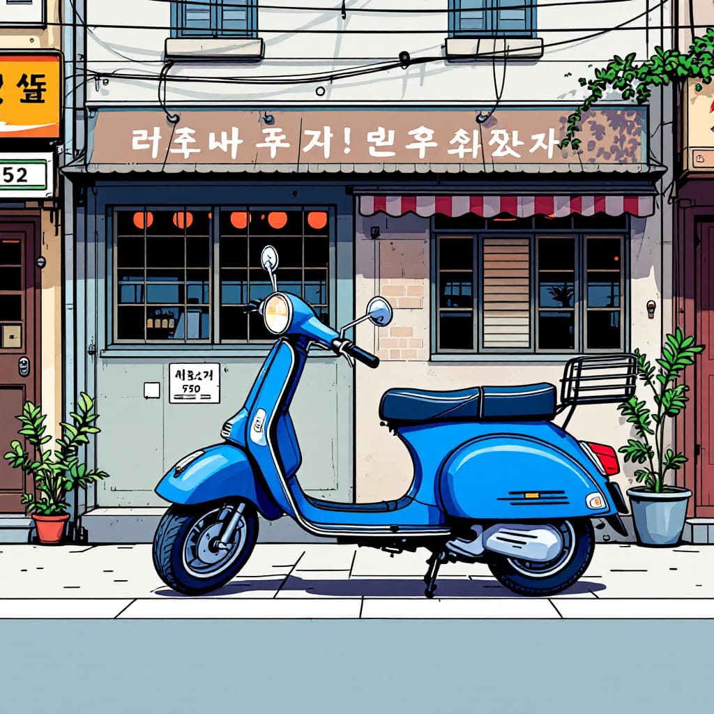 AI generated: A blue moped parked in front of an old building with windows, flat graphic novel illustration in the...