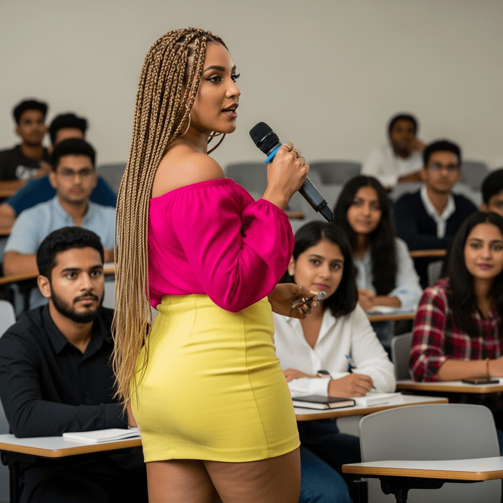 AI generated: curvy indian in off shoulder top and micro yellow skirt, teaching at university