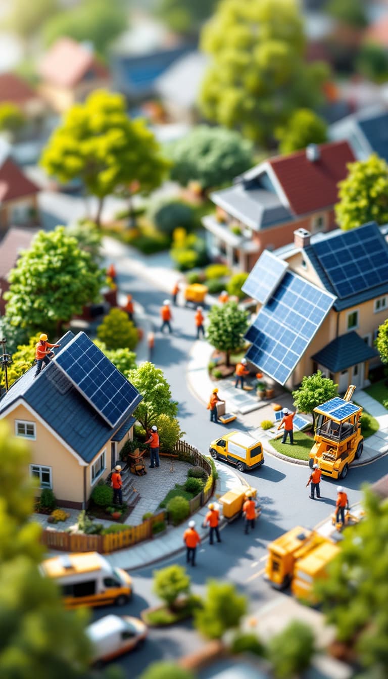 AI generated: In a highly detailed miniature residential neighborhood, workers in orange safety vests and white he...
