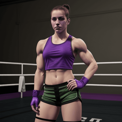 AI generated: wrestler female, (((muscular))), purple tank top, purple fingerless gloves, really attractive and go...