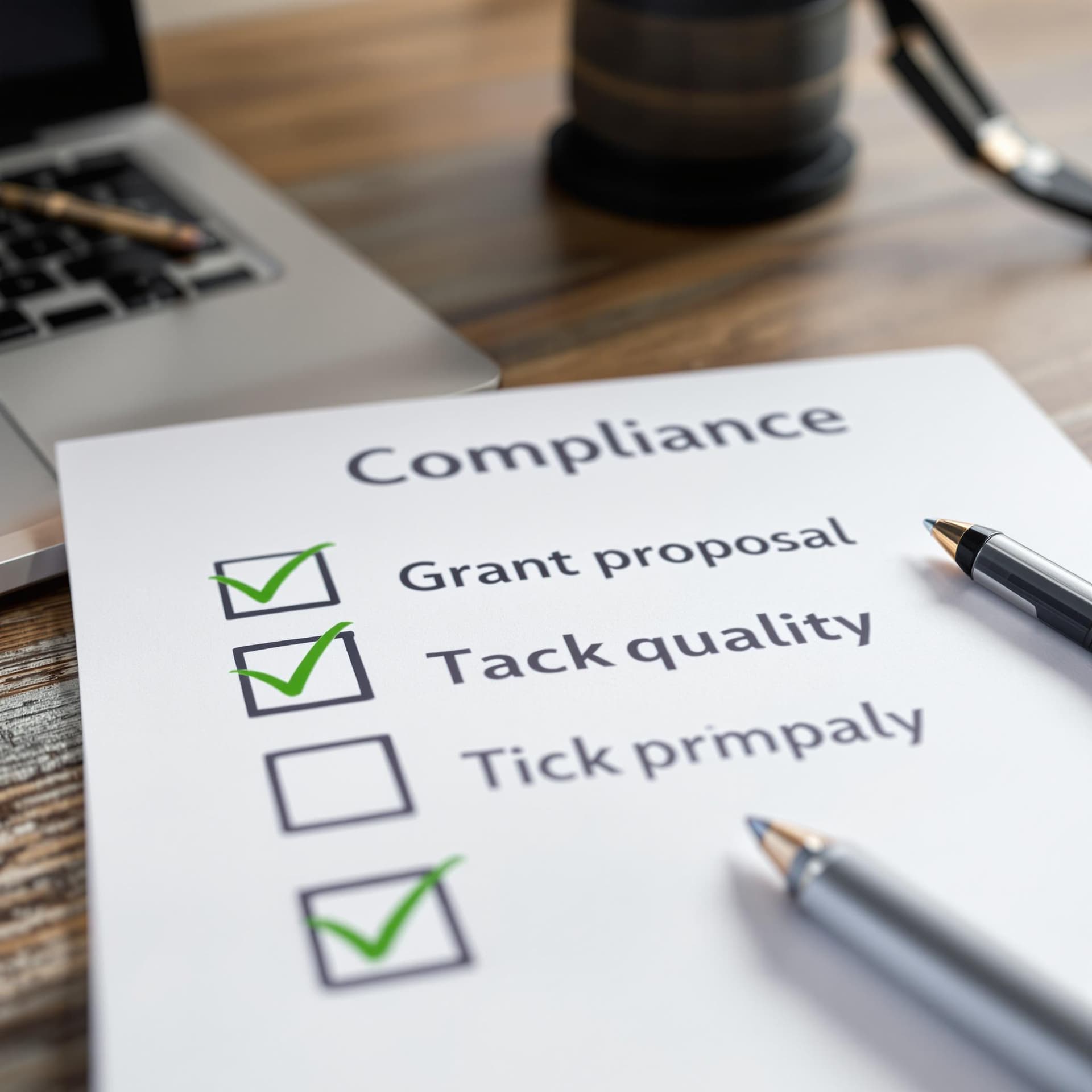 AI generated: A checklist with green checkmarks and a laptop showing a grant proposal: Compliance
dslr, ultra qual...