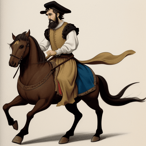 AI generated: Drawing for children's comic of a thin, bearded, 16th century Spanish man with a scholar's cap and r...