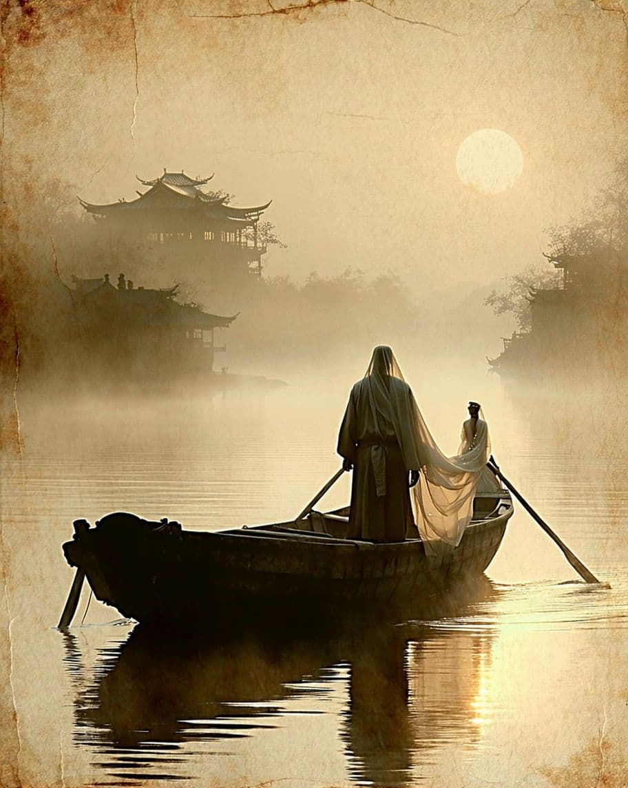 AI generated: A timeless, weathered illustration of an old boatman in a weathered wooden boat, lingering gently ov...