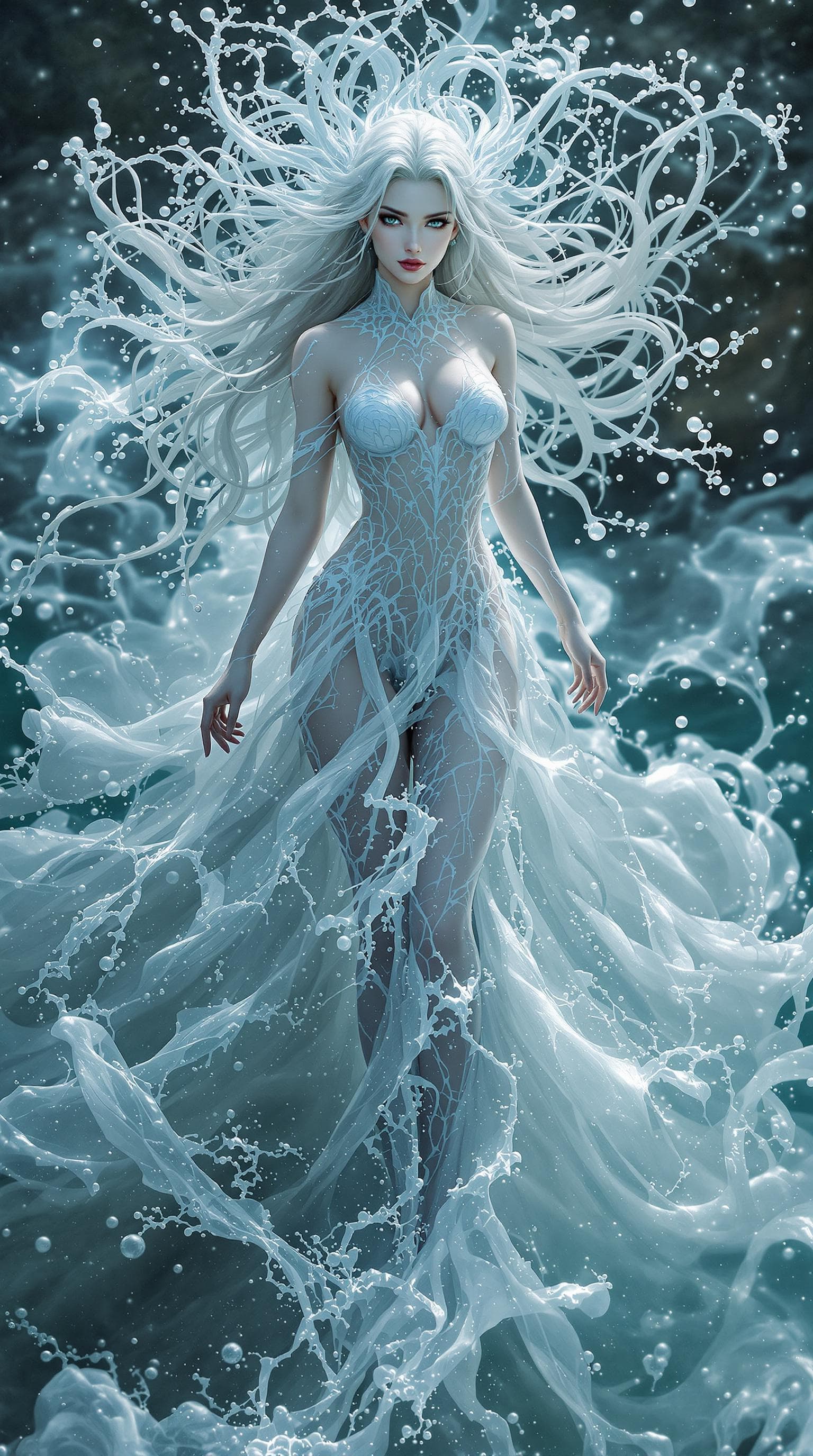 AI generated: high resolution intricate artwork, cinematic feel,  25 year old beautiful water goddess, Grey-white ...