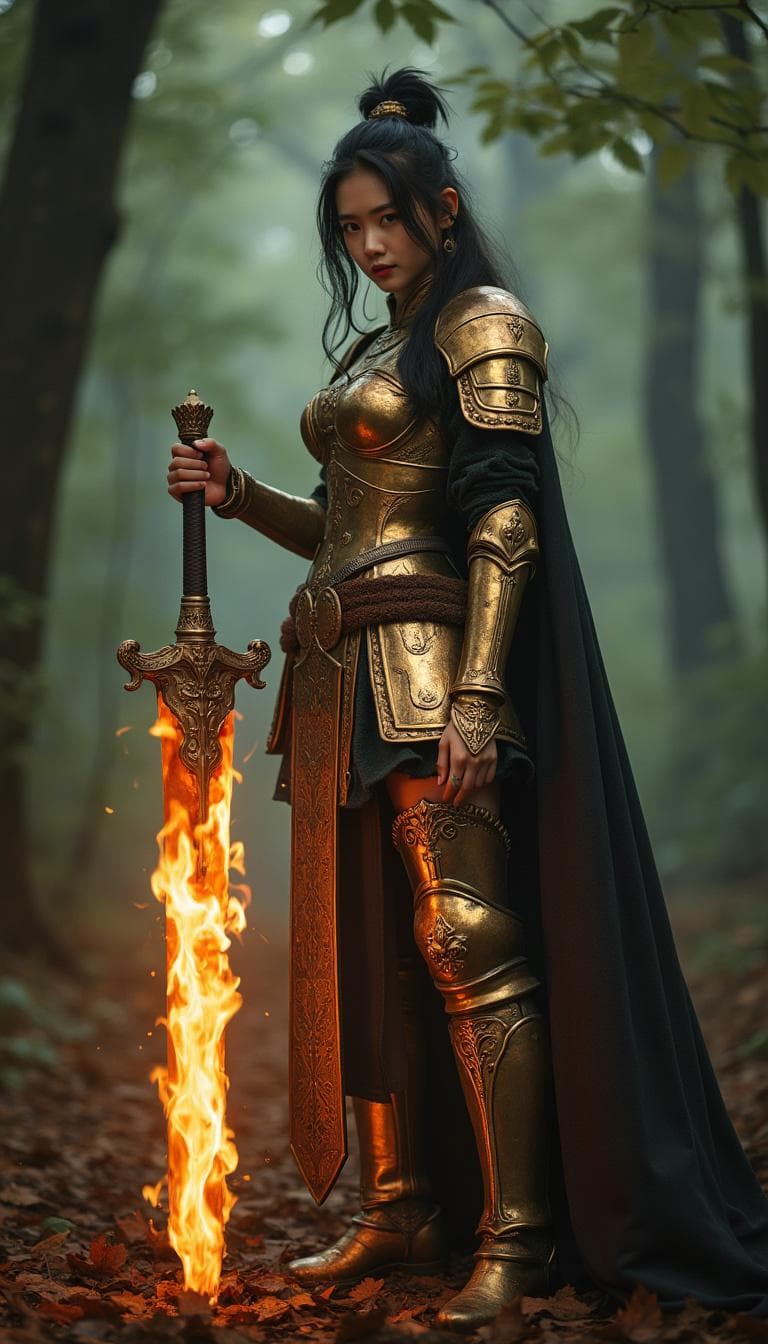 AI generated: a beautiful Asian woman, dressed in medieval warrior costume, golden metal armor, in the middle of t...