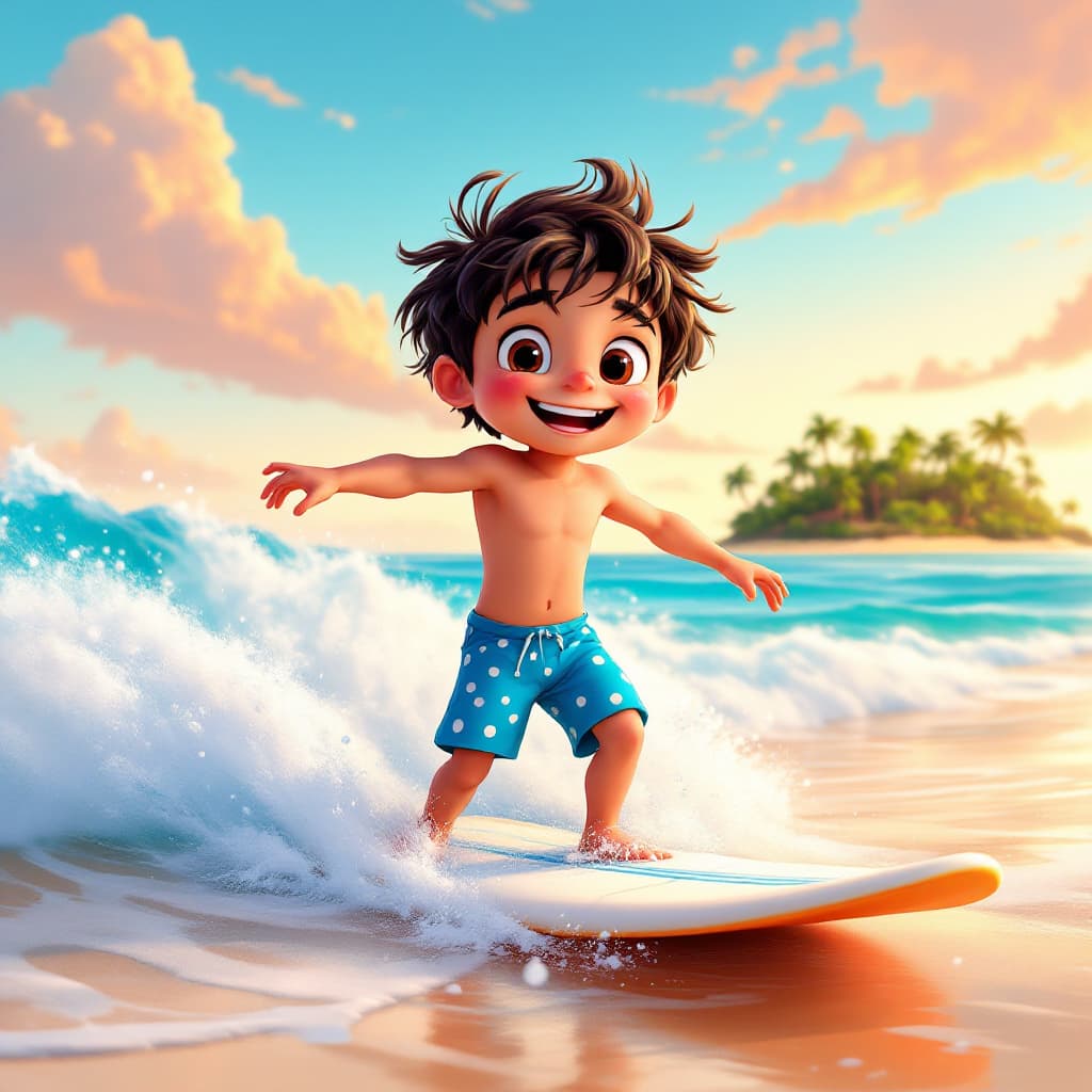 AI generated: A cute boy is surfing on the beach, in the style of Pixar, wearing blue shorts with white polka dots...