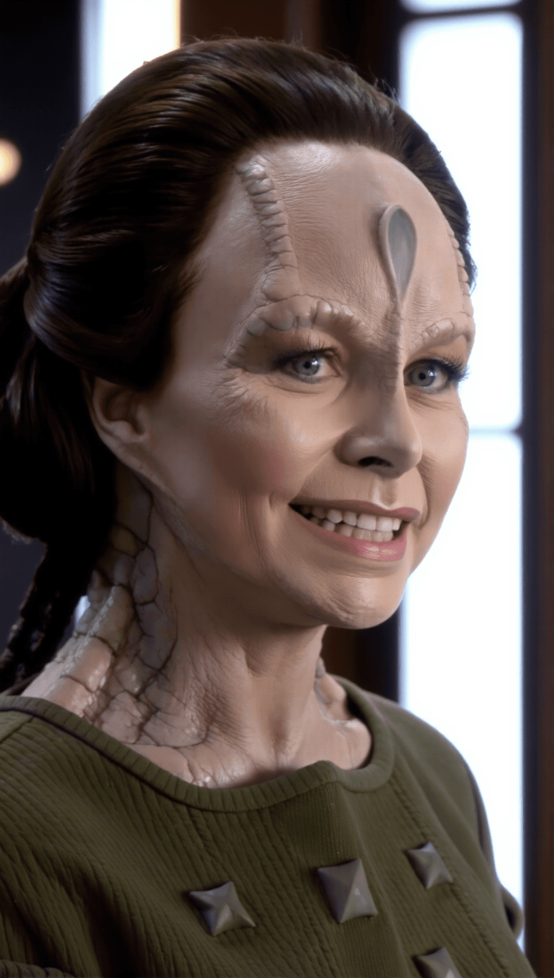 AI generated: cardassian wom3en, female,  vetarofficer, pretty, (55 years old:1.2), smiling, very grey skin, updo ...
