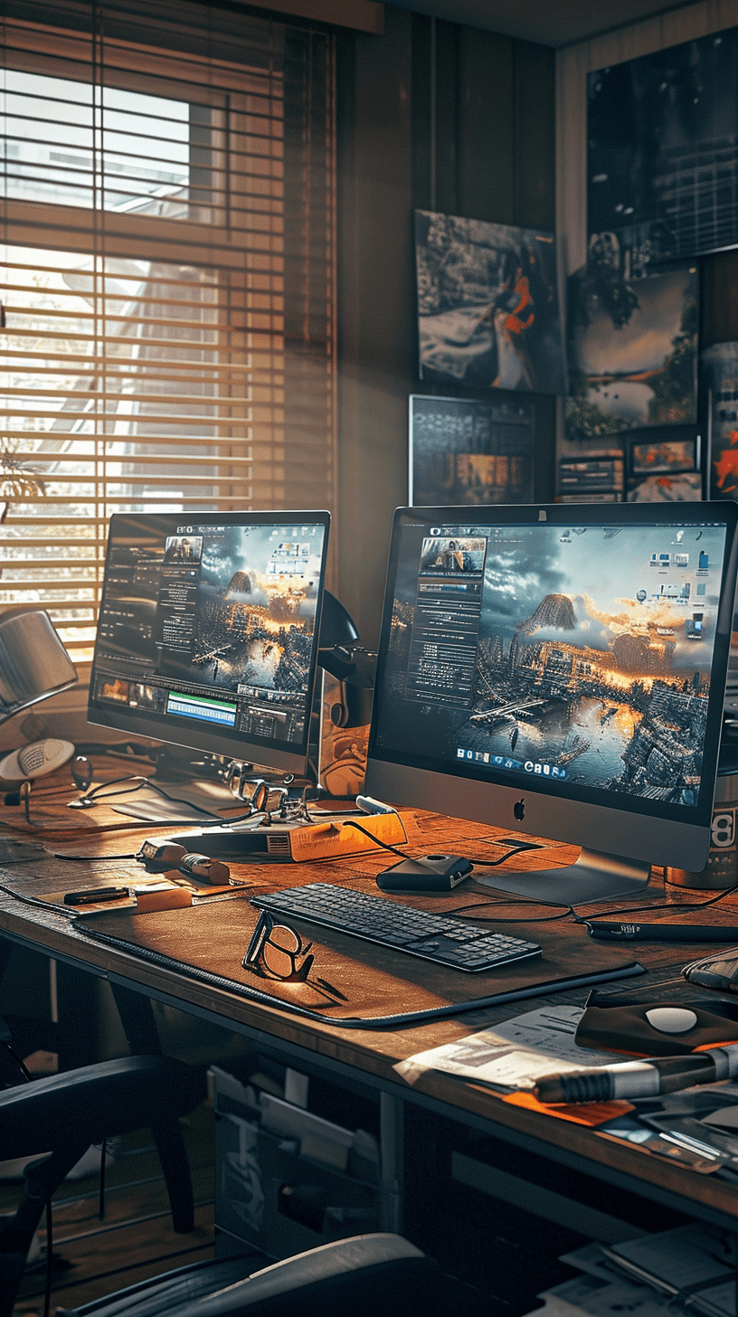 AI generated: A realistic, dramatic image of two computer monitors, one iMac Pro and one other monitor, sitting on...