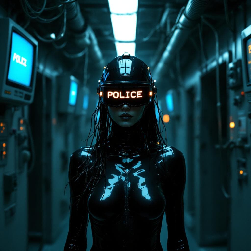 AI generated: 3 quarter angle of a  futuristic cyberpunk humanoid facing the camera  with a sleek black latex body...