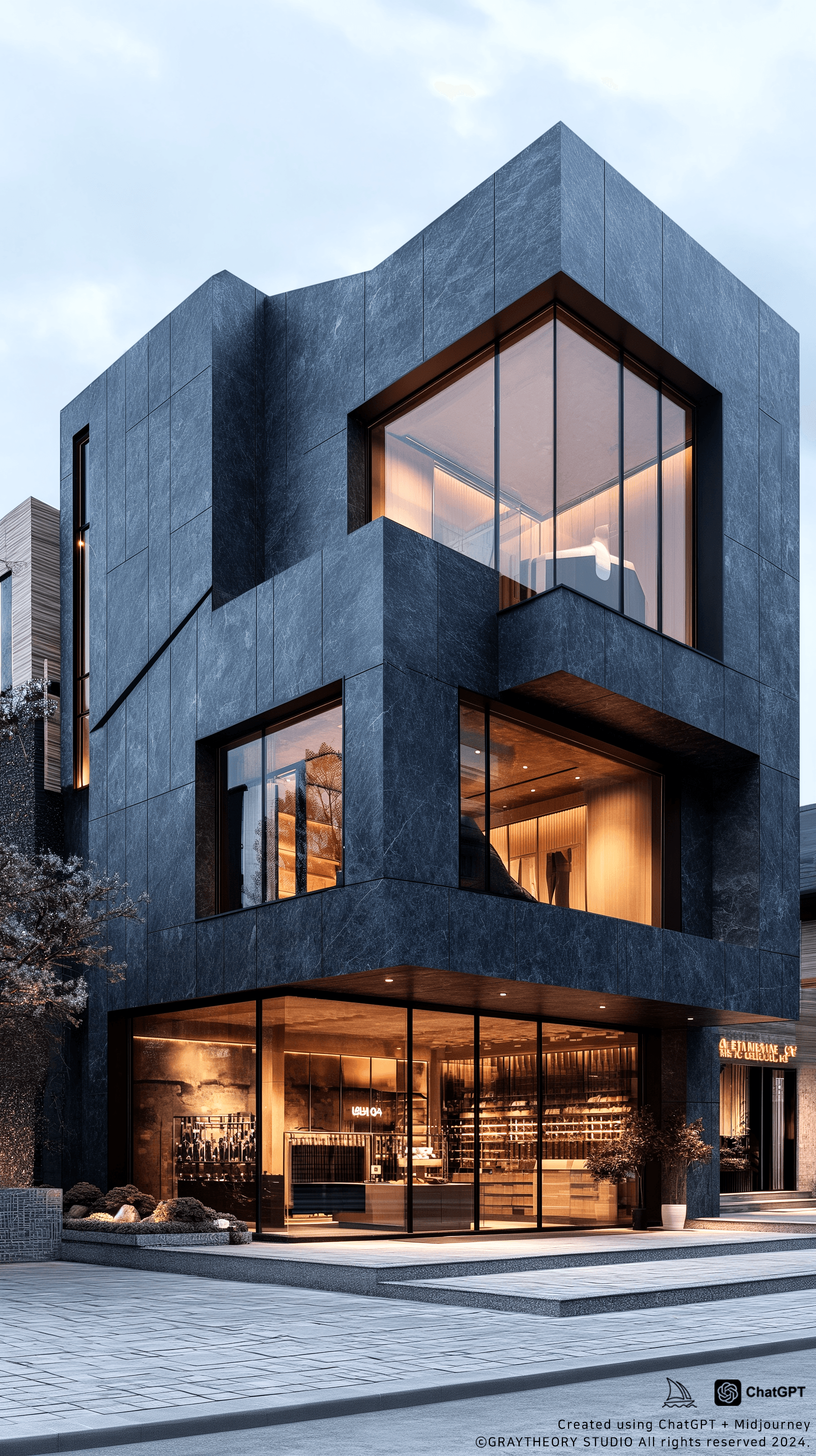 AI generated: photorealistic, canon EOS 5d, minimalistic medium scale office building, curved brick, geometric sha...
