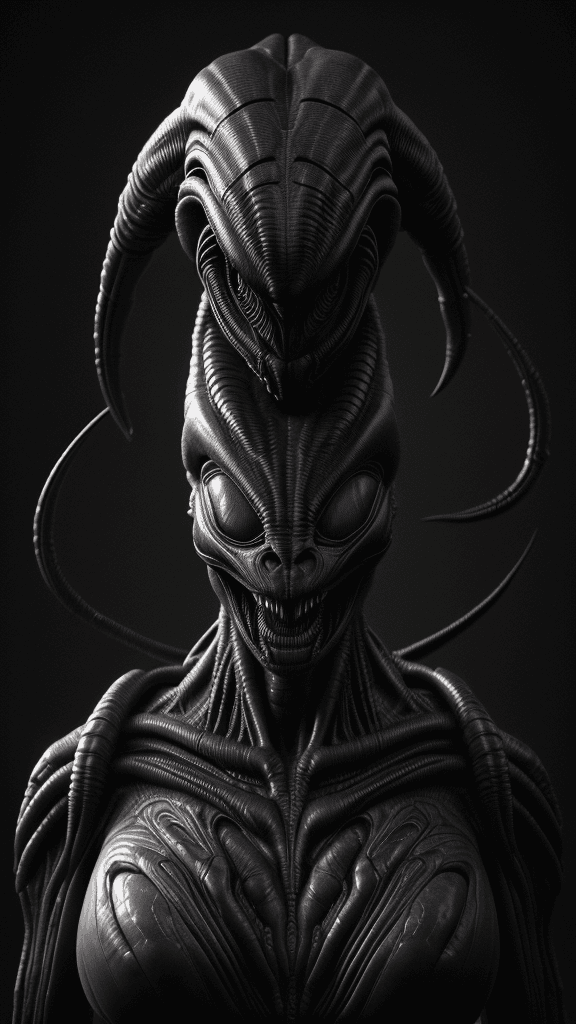 AI generated: alien head with a large, sharp, sharp, and sharp face, concept art inspired by Giger, zbrush central...