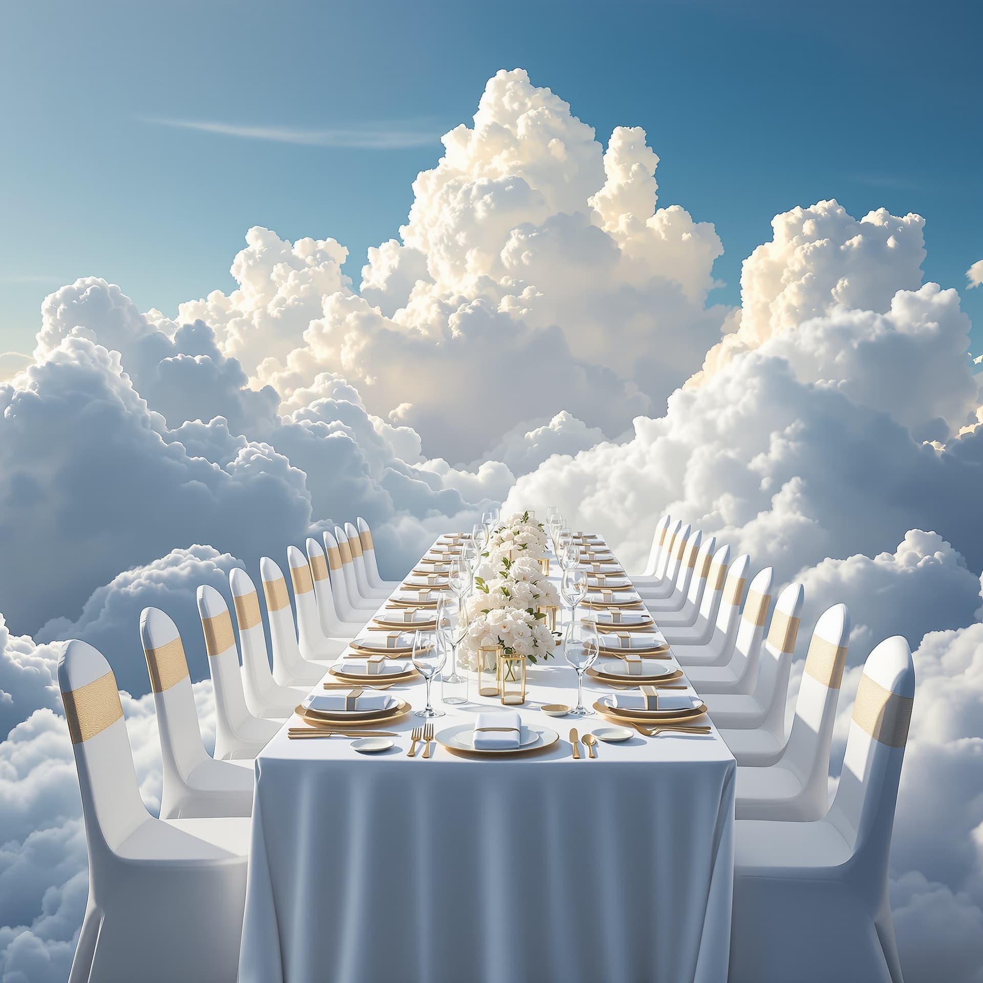AI generated: Long horizontal banquet table with white tablecloth, white chairs with gold accents, flowers, plates...