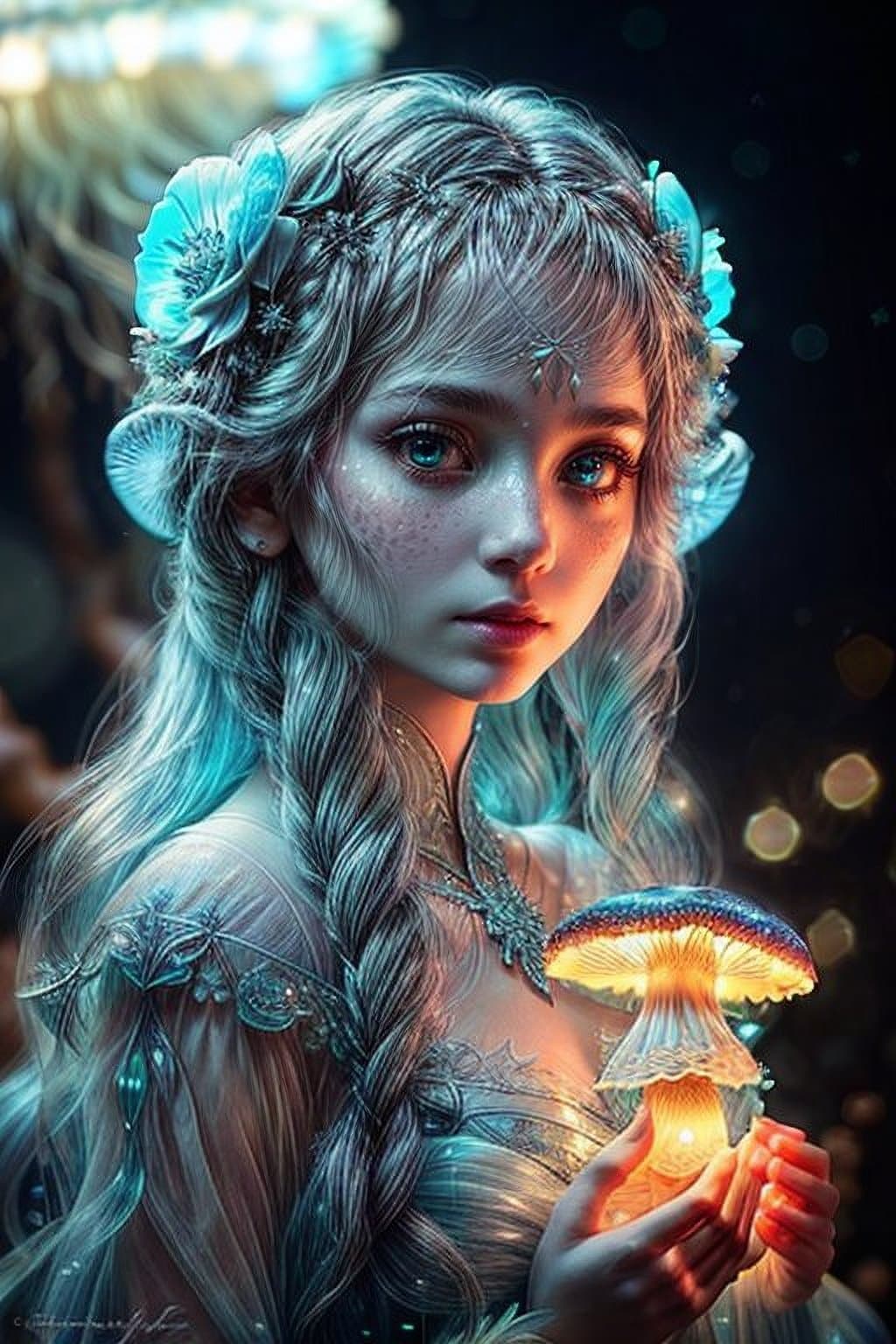 AI generated: Portrait close up photo of an bioluminescent lifeform princess based on Elsa jellyfish with fungus a...
