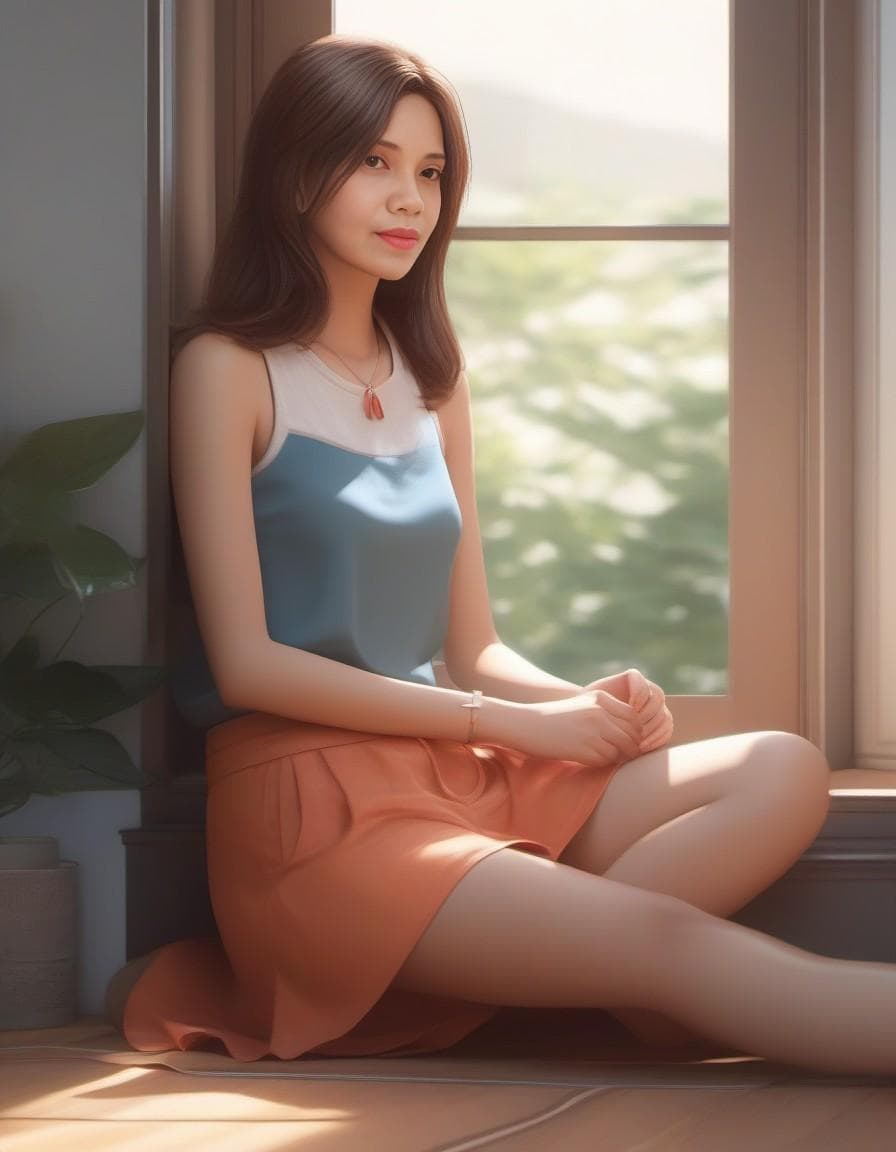 AI generated: girl sitting on the floor in a room with a window, wearing casual clothes, a human-like juicy peach,...