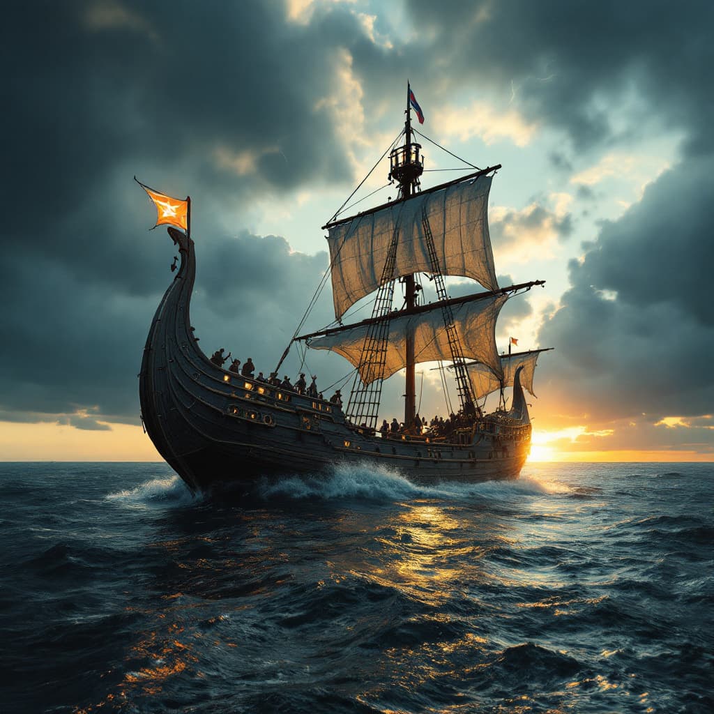 AI generated: Photo of a ultra authentic Viking ship, dramatic light, lighting storm, pale sunrise, cinematic ligh...