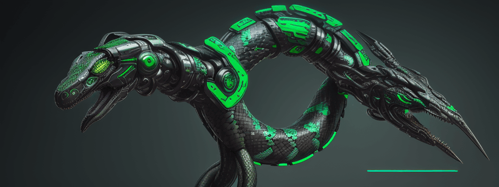 AI generated: The photo shows a snake with metal elements that give it a futuristic look. She is designed in a cyb...