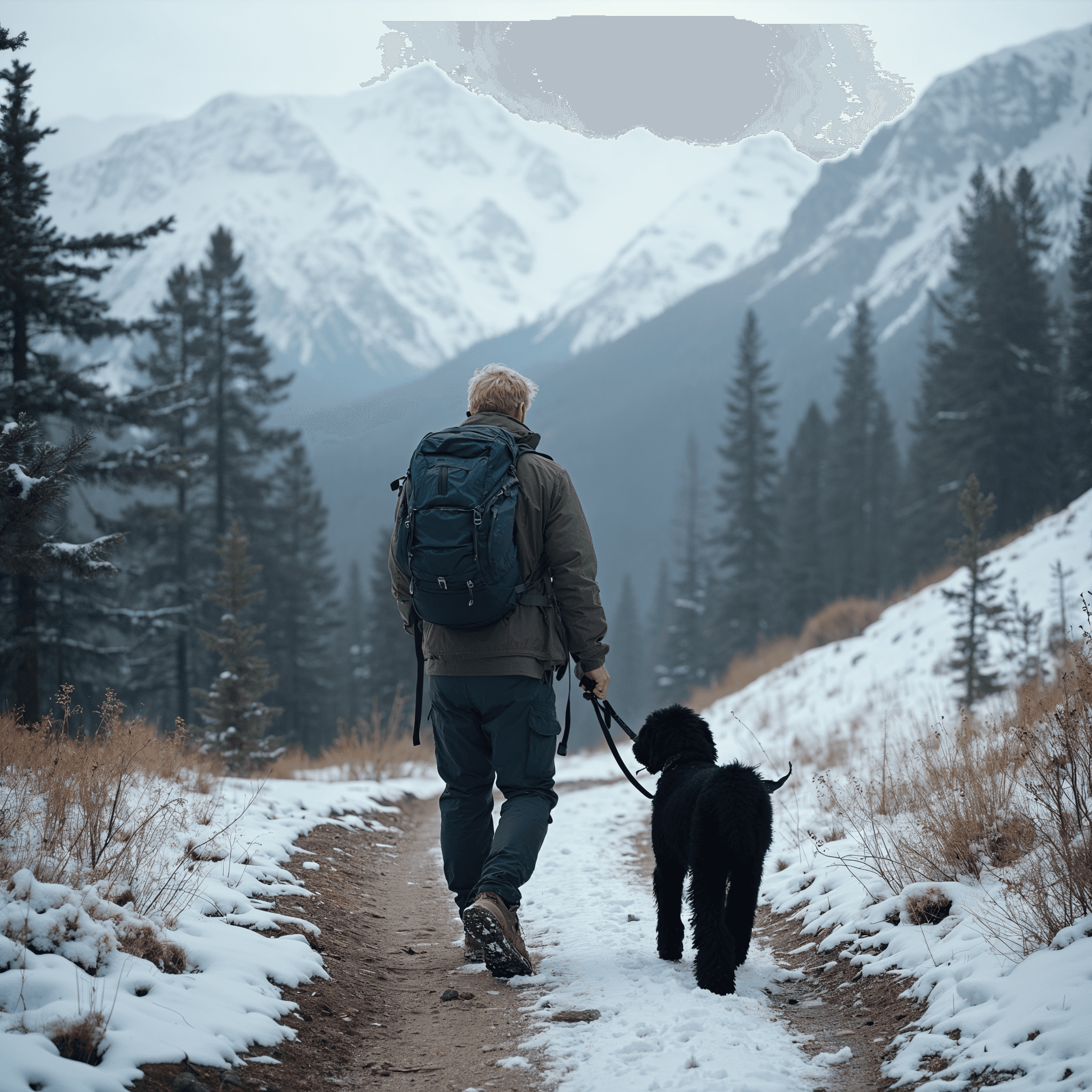 AI generated: A man with a dark-colored backpack and hiking pants, and a black labradoodle dog on a leash are walk...