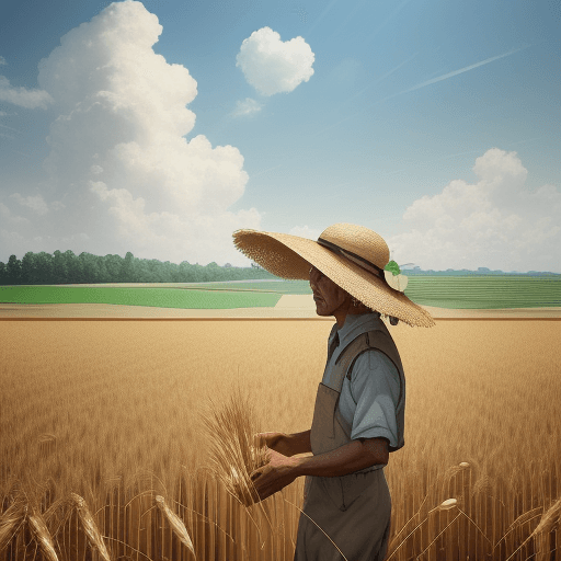 AI generated: Wheat field, a farmer uncle with a straw hat standing in a wheat field, big clouds, blue sky, rice f...