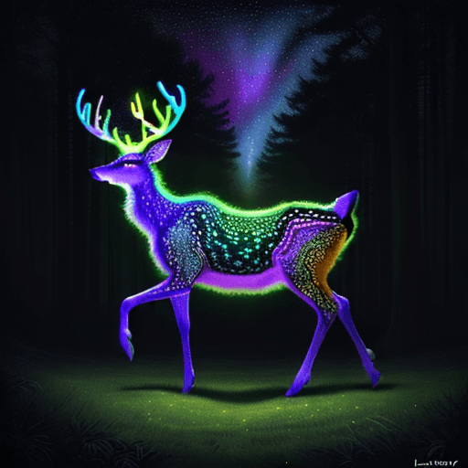 AI generated: masterpiece, highly detailed psychedelic Deer with intricate designs all over its body walking throu...