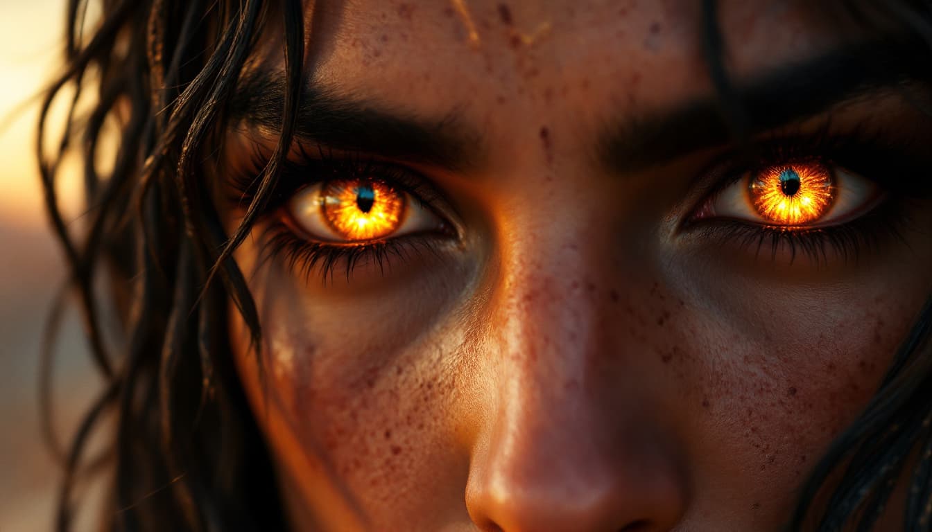 AI generated: Ultra-realistic .	Close-up of Yutab’s eyes looking to the horizon with hope, the fire reflected in t...