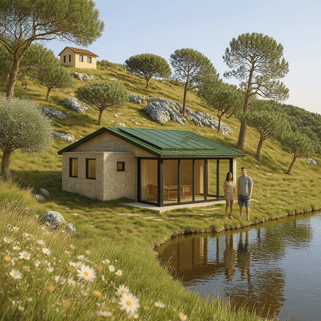 AI generated: It's spring time. Exactly the same house in a green field with a lake. Energy autonomous. Add a youn...