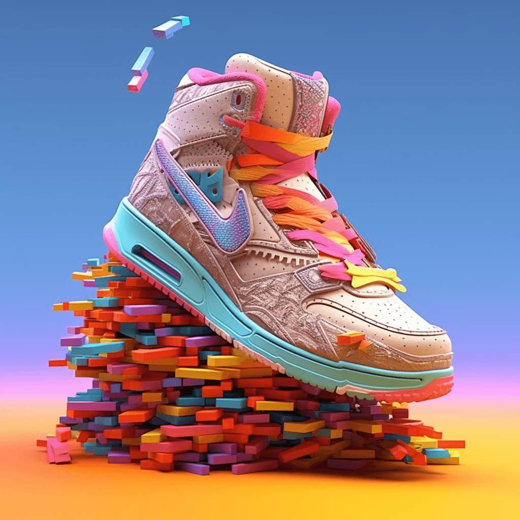 AI generated: sneakers in the style of Nike Airs made of dried fruit, futuristic solarpunk, high detail, bright co...