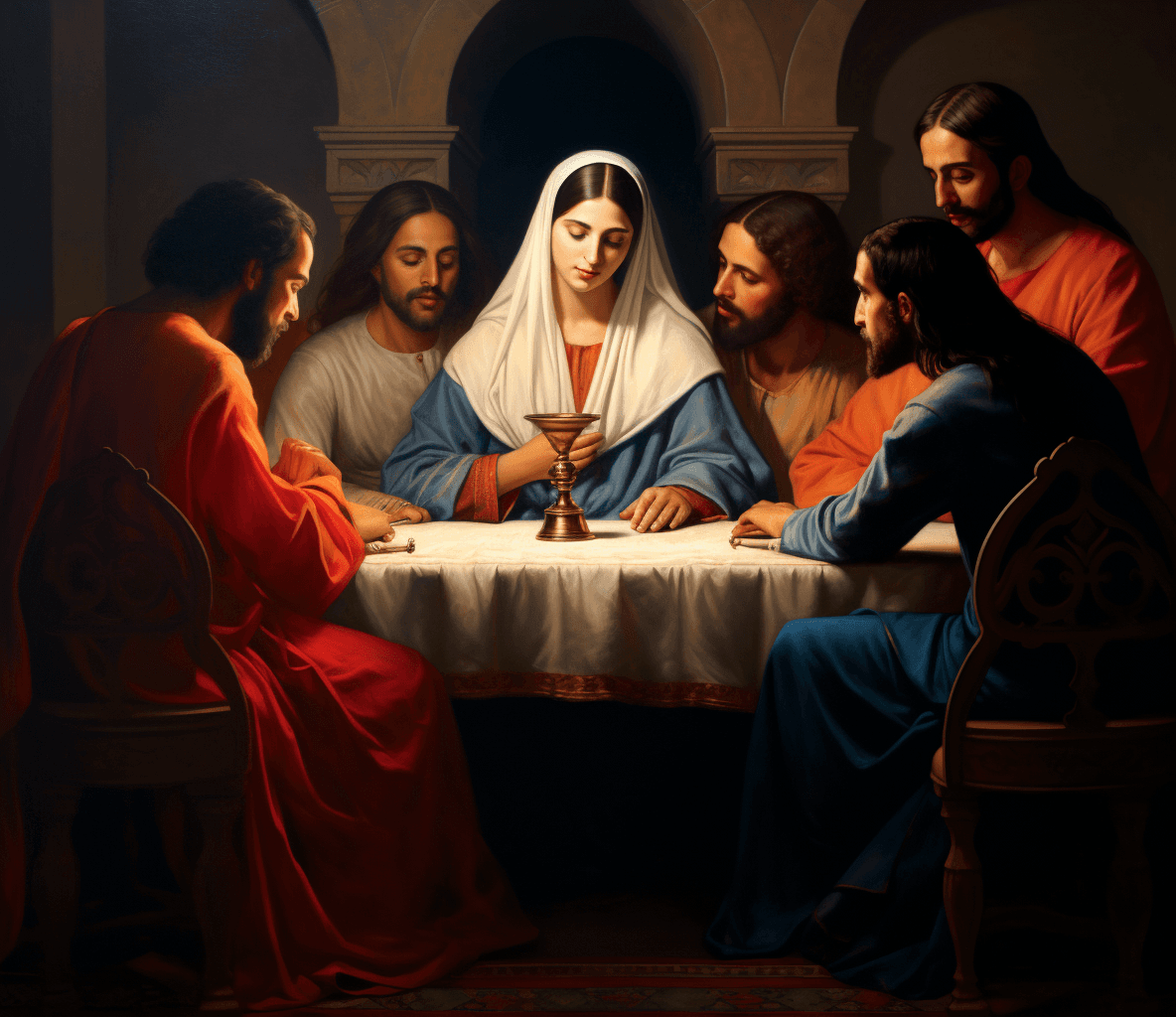 AI generated: a painting of jesus as a woman at the supper, all disciples are women, perfect hands, perfect faces,...