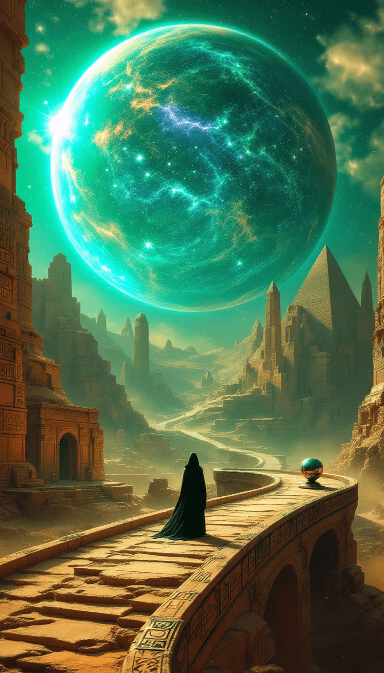 AI generated: A hyper-detailed, cinematic science-fantasy scene set on an ancient alien world. A lone robed figure...