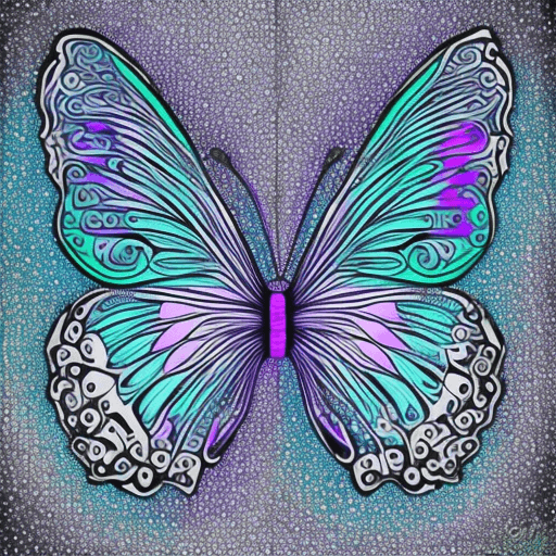 AI generated: Dessin de papillon rose, blanc, violet, turquoise, lumineux, entouré de lucioles qui brillent dans l...